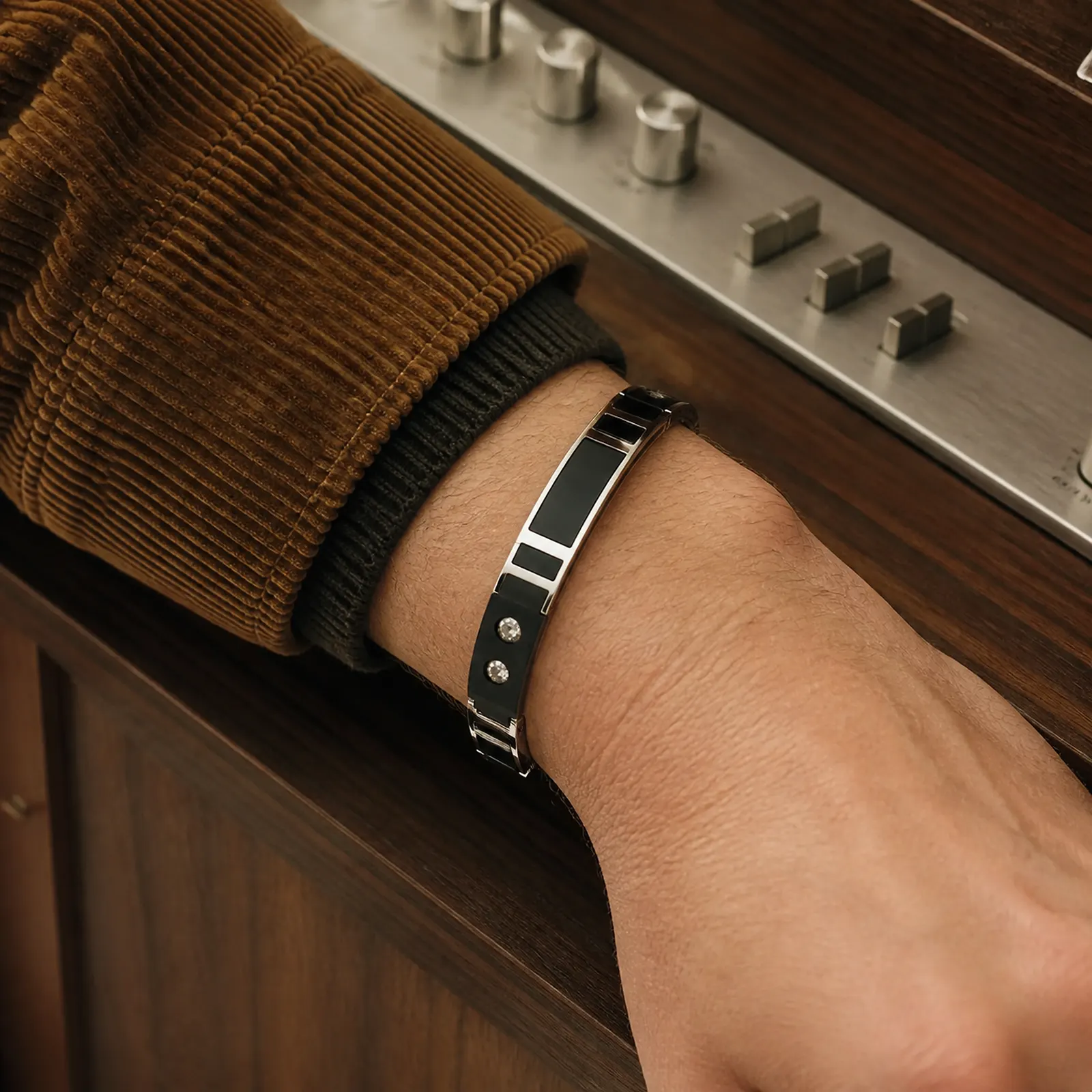 Nimed Double Halo bracelet worn in an archival-inspired everyday setting